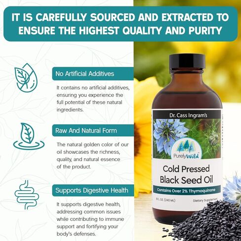 زيت الحبة السوداء النقي - تم تركيبه بواسطة دكتور كاس إنجرام ويحتوي على زيوت أساسية من الحبة السوداء المضغوطة على البارد - مكملات غذائية لزيت عباد الشمس لدعم المناعة وصحة الجهاز الهضمي - 8 أونصة سائلة in Kuwait