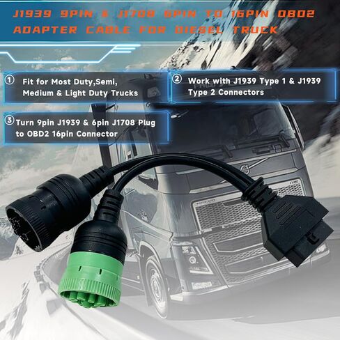 كابل OBD إلى النوع 2 أخضر 9pin J1939 و6pin J1708 سبليت Y لمحول تشخيص شاحنة الديزل، 2 في 1 6 دبوس + 9 دبوس موصل كابل obd2 مناسب للشاحنة الثقيلة in Saudi Arabia