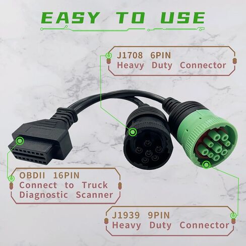 كابل OBD إلى النوع 2 أخضر 9pin J1939 و6pin J1708 سبليت Y لمحول تشخيص شاحنة الديزل، 2 في 1 6 دبوس + 9 دبوس موصل كابل obd2 مناسب للشاحنة الثقيلة in Saudi Arabia