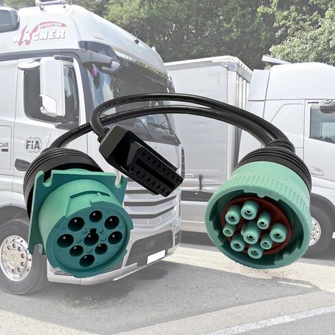 OBD to Type 2 Green 9pin J1939 and 6pin J1708 Split Y Cable for Diesel Truck Diagnostics Adapter, 2-in-1 6 Pin+9 Pin OBD2 Cable Connector Fit for Heavy Duty Truck in Kuwait