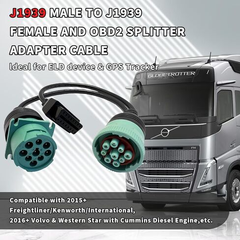 OBD to Type 2 Green 9pin J1939 and 6pin J1708 Split Y Cable for Diesel Truck Diagnostics Adapter, 2-in-1 6 Pin+9 Pin OBD2 Cable Connector Fit for Heavy Duty Truck in Kuwait