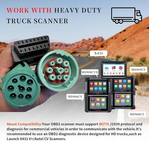 OBD to Type 2 Green 9pin J1939 and 6pin J1708 Split Y Cable for Diesel Truck Diagnostics Adapter, 2-in-1 6 Pin+9 Pin OBD2 Cable Connector Fit for Heavy Duty Truck in Kuwait
