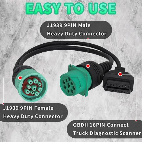 OBD to Type 2 Green 9pin J1939 and 6pin J1708 Split Y Cable for Diesel Truck Diagnostics Adapter, 2-in-1 6 Pin+9 Pin OBD2 Cable Connector Fit for Heavy Duty Truck in Kuwait