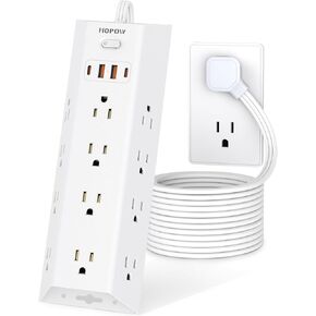 Power Strip Surge Protection, 5FT Braided Extension Cord with 12 AC Outlets & 4 USB Ports (2 USB C), Wall Mount, Flat Plug Charging Station, 1700 Joules Surge Protection for Home Office, White