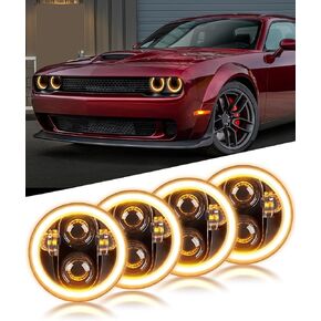 BraveWAY 5.75 بوصة مصباح أمامي LED دائري H5006 خط قطع حاد، 5 3/4 بوصة أضواء مع جهاز عرض أبيض/حلقة هالة كهرمانية (4 قطع)