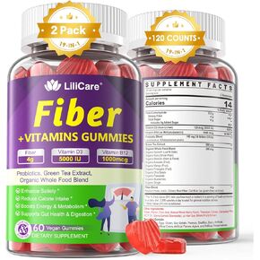 Fiber Gummies For Adults - Sugar Free 4g Fiber Supplement Vitamin B12 1000 mcg Vitamin D3 5000 iu/w Probiotics, Green Tea, Organic Whole Food For Fulfill, Metabolism, Gut & Digestive Health - Vegan