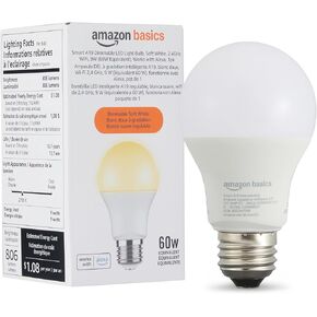 Amazon Basics Smart A19 LED Light Bulb, Dimmable Soft White (2700K), 9W (60W Equivalent), 800LM, Works with Alexa Only, 2.4 GHz Wi-Fi, No Hub Required, 4 Pack