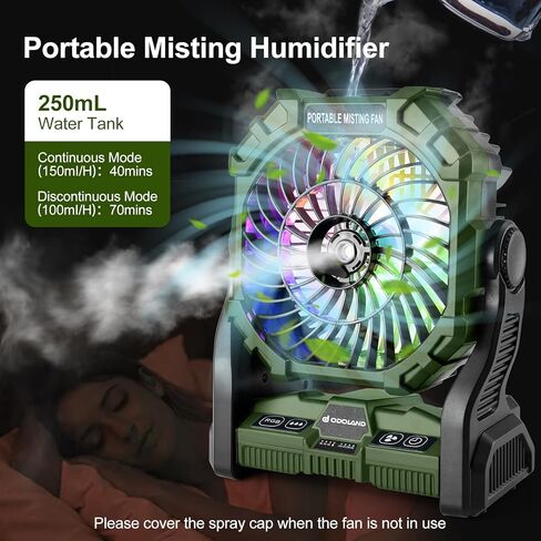 Odoland 20000mAh Camping Fan, Portable Misting Fan with RGB Light, Battery Operated Rechargeable Mister Tent Fan with Hook & 250mL Water Tank, Cooling Mist Fans for Outdoor Beach Patios RV Car Summer in Kuwait