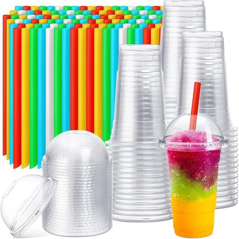 Lallisa 100 Sets Clear Plastic Cups with Dome Lids and Colorful Straws, Disposable Clear PET Plastic Cups Beverage Cups for Party Iced Coffee Cold Drinks Juice Milkshake Smoothie Tea Dessert (24 oz) in Kuwait
