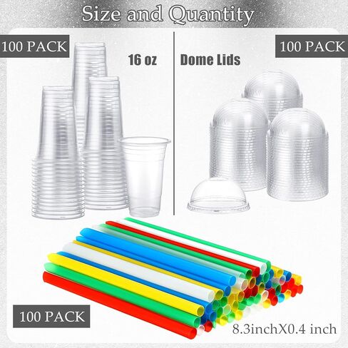 Lallisa 100 Sets Clear Plastic Cups with Dome Lids and Colorful Straws, Disposable Clear PET Plastic Cups Beverage Cups for Party Iced Coffee Cold Drinks Juice Milkshake Smoothie Tea Dessert (24 oz) in Kuwait