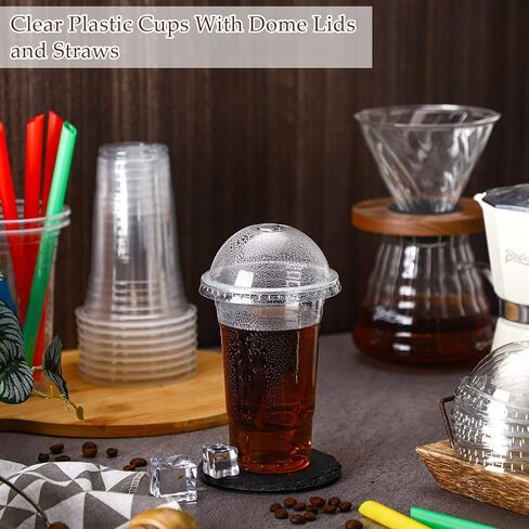 Lallisa 100 Sets Clear Plastic Cups with Dome Lids and Colorful Straws, Disposable Clear PET Plastic Cups Beverage Cups for Party Iced Coffee Cold Drinks Juice Milkshake Smoothie Tea Dessert (24 oz) in Kuwait