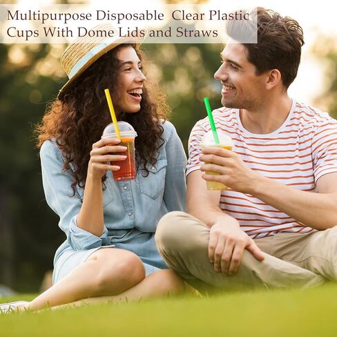 Lallisa 100 Sets Clear Plastic Cups with Dome Lids and Colorful Straws, Disposable Clear PET Plastic Cups Beverage Cups for Party Iced Coffee Cold Drinks Juice Milkshake Smoothie Tea Dessert (24 oz) in Kuwait