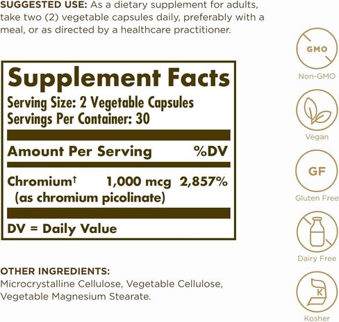 Solgar Chromium Picolinate 500 ميكروغرام - 60 كبسولة نباتية - يدعم استقلاب السكر والدهون والبروتين - غير معدّل وراثيًا، خالي من الغلوتين، كوشير - 30 وجبة in Saudi Arabia