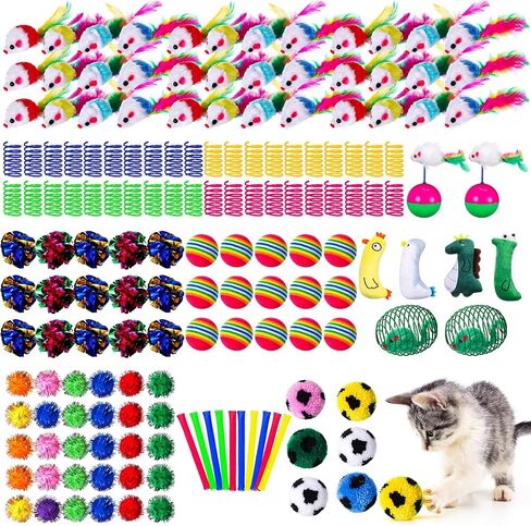 Shappy 150 Pcs Cat Ball Toys Bulk Include 30 Mice Toy 10 Rainbow Balls 4 Lattice Balls 4 Sisal Balls 20 Table Tennis Balls 20 Plush Balls 32 Springs 18 Crinkle Balls 2 Caged Rat Balls 10 Bell Balls in Saudi Arabia
