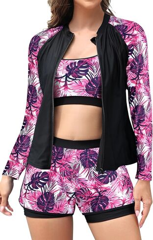 SHEKINI Women's 3-Piece Zipper Rash Guard Swimsuits with Tank Bikini Top & High Waist Boyshort in Kuwait