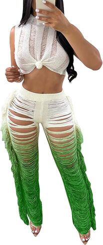 Vaceky Sexy 2 Piece Outfits Women Crochet Bikini Coverups Crop Tank Colorful Fringe Pants Sets in Kuwait