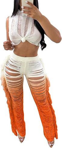 Vaceky Sexy 2 Piece Outfits Women Crochet Bikini Coverups Crop Tank Colorful Fringe Pants Sets in Kuwait