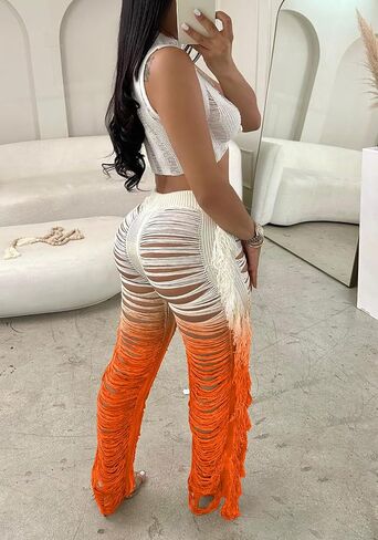 Vaceky Sexy 2 Piece Outfits Women Crochet Bikini Coverups Crop Tank Colorful Fringe Pants Sets in Kuwait