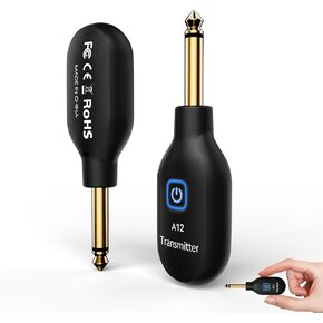 A12 Wireless Guitar System 2.4GHz 2 Modes, Thumb-Size, Rechargeable Li-Battery, 100ft Range, 10H, Plug & Play for Guitar, Bass, Violin, Keyboard - Black