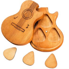 Wooden Guitar Pick Holder with Stand, Wooden Electric Guitar Styling Box with 3 Wood Picks and 3 Non-slip Celluloid Guitar Picks, Guitar Pick Storage Box Set for Guitar, Bass, Ukulele Players