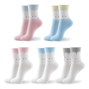 Women Cute Crew Socks | 4-6 Pairs Smiley Face Character Design Heart Print Animal Fruit Graphic Stitch Cotton Socks | US 6-8