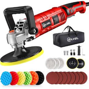 SILVEL Buffer Polisher, 1600W 7 Inch/6 Inch Polisher for Car Detailing, Wax Machine, 7 Variable Speed, with 6 Foam Pads, 3 Wool Pads, Packaging Bag, for Boat Polishing and Waxing, Red