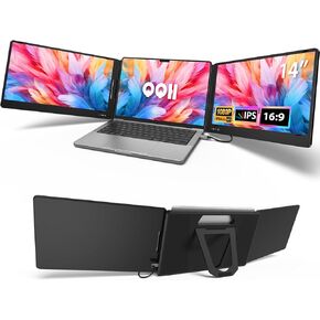 QQH Triple Portable Monitor, 14" 1080P Laptop Screen Extender, Only One USB-C Plug and Play Laptop Monitor Extender Compatible with MacOS, Wins, Android for 12-16" Laptops, Driver Needed