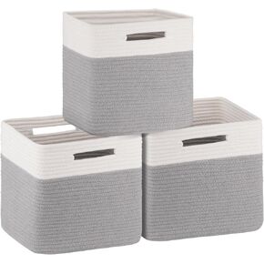 OIAHOMY Storage Cubes 11 Inch Storage Bins-3-Pack, Cotton Rope Woven Baskets for Organizing, Square Storage Baskets for Shelves Organizer, Classroom, Kids Toy Bins, Closet, Baby Nursery-Brown