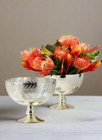 Serene Spaces Living Silver Etched Leaf Mercury Glass Bowl, Vintage Compote Bowl, Measures 7.5" Tall in Kuwait