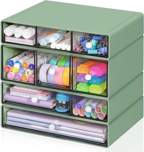 Desk Storage Organizer with 9 Drawers, FODIENS 4 Tiers Stackable Desktop Craft Storage Drawers, Clear Storage Box Caddy for Stationary Makeup Jewelry Office Craft Supplies (White) in Saudi Arabia