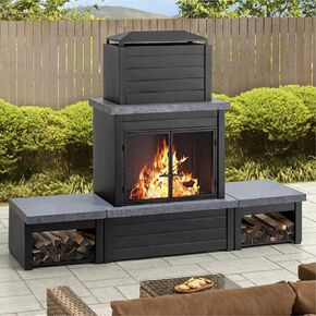 Sunjoy Outdoor Fireplace, Patio Wood Burning Steel Fireplace with Chimney, Log Holders, Fireplace Tool and PVC Cover, Black