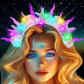 Zoestar Light Up Mermaid Starfish Headband Glow Led Shell Hair Bands Pearl Costume Hair Accessories for Women