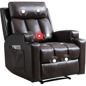Phoenix Home Manual Recliner Chair with Massage and Heat for Living Room Overstuffed Breathable Fabric Reclining Chair with 2 Side Pockets, 2 Cup Holders, Remote Control, Light Gray