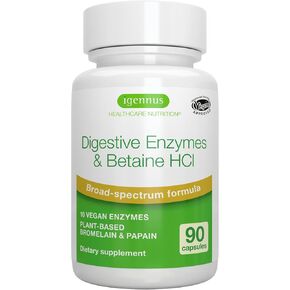 Advanced Digestive Enzymes & Betaine HCl, Vegan Formula with Protease, Broad Spectrum, Lipase & Lactase, Plant-Based Papain & Bromelain, Clean Label, 90 Capsules, by Igennus