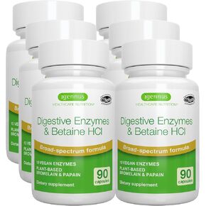 Advanced Digestive Enzymes & Betaine HCl, Vegan Formula with Protease, Broad Spectrum, Lipase & Lactase, Plant-Based Papain & Bromelain, Clean Label, 90 Capsules, by Igennus