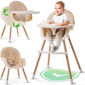 3-in-1 High Chair for Babies and Toddlers - Convertible Wooden Baby Highchair for Eating with Safety Belt, Foldable Baby Feeding Chair with 3-Position Removable Tray, Adjustable Legs, Easy to Clean