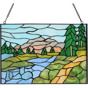 YOURANJU Stained Glass Window Hanging Handicraft Pink Iris Rectangular Glass Window Panel 16"X11" Tiffany Flower Style Window Suncatcher Perfect Window Hangings Housewarming Gift (With Chain Hook)