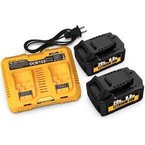 2Pack 20V MAX Batteries and Charger Replacement for Dewalt 20V Battery with 20 Volt Dual-Port Battery Charger Compatible with DCB102 DCB104 DCB118 DCB115 DCB206 DCB204