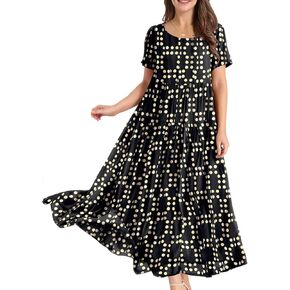 YESNO Women Casual Loose Bohemian Floral Dress with Pockets Short Sleeve Long Maxi Summer Beach Swing Dress XL EJF CR428