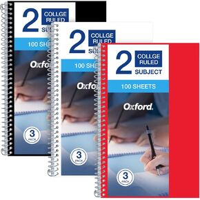 Oxford 2 Subject Notebooks College Ruled - Spiral Notebook 6x9 1/2 Paper - 100 Sheets - 3 Pack of Spiral Notebook With Pockets - Poly Cover - Red, White, and Black