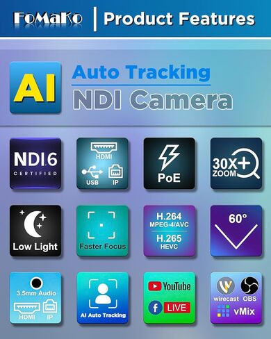كاميرا FoMaKo PTZ تكبير بصري 30x HDMI AI تتبع تلقائي PoE 3G-SDI IP بث مباشر كاميرا HDMI PTZ لأحداث تعليم عبادة الكنيسة vMix OBS Wirecast (FMK30SDI Pro أسود) in Kuwait