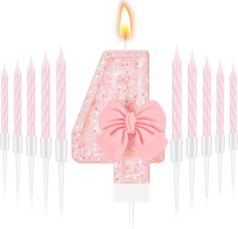 MTLEE Birthday Candle 2.95" Large Pink Candles with 10 Long Thin Cupcake Candle Glitter Happy Birthday Number Candles for Girls Birthday Cakes Bow Birthday Decorations Princess Candle for Party (1st) in Saudi Arabia