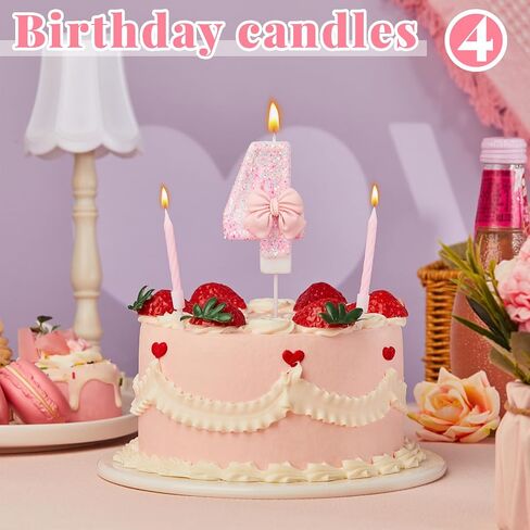 MTLEE Birthday Candle 2.95" Large Pink Candles with 10 Long Thin Cupcake Candle Glitter Happy Birthday Number Candles for Girls Birthday Cakes Bow Birthday Decorations Princess Candle for Party (1st) in Saudi Arabia