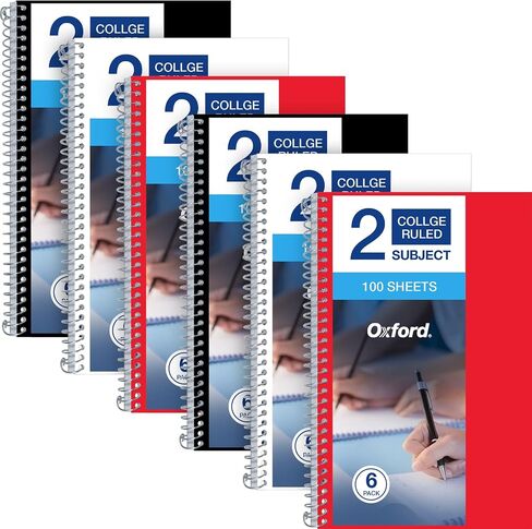 Oxford 2 Subject Notebooks College Ruled - Spiral Notebook 6x9 1/2 Paper - 100 Sheets - 3 Pack of Spiral Notebook With Pockets - Poly Cover - Red, White, and Black in Saudi Arabia