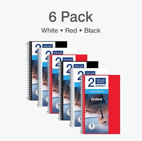 Oxford 2 Subject Notebooks College Ruled - Spiral Notebook 6x9 1/2 Paper - 100 Sheets - 3 Pack of Spiral Notebook With Pockets - Poly Cover - Red, White, and Black in Saudi Arabia