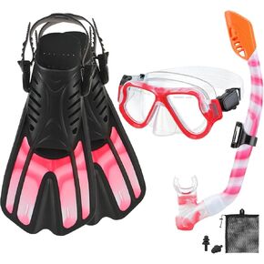 CTSAYTL Snorkeling Gear for Kids, 4 in 1 Travel Size Mask Fins Snorkel Set with Panoramic View Anti Fog Mask, Dry Top Snorkel, Trek Fins and Travel Bag, Kids Snorkel Set for Swimming Snorkeling