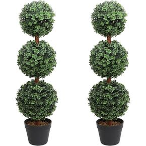 Topiary Balls Artificial Outdoor Set of 2, 35inch Artificial Boxwood Topiary Trees, Hold Nature Faux Boxwood Topiary Triple Ball Trees for Front Proch Home Garden Decor