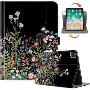 حافظة iPad Air 11 بوصة، حافظة iPad Air الجيل الخامس/الرابع، حافظة iPad Pro 11 بوصة الجيل الرابع/الثالث/الثاني/الأول، غطاء واقٍ يدور 360 درجة، حامل أقلام، خفيف الوزن، زهور سوداء