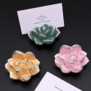 Resin Succulent Business Card Holder for Desk Set of 3 - White, Pink, Green - Modern Desk Organizer and Display Stand for Office, Store - Vertical Name Card Holders - Unique Gift and Decor