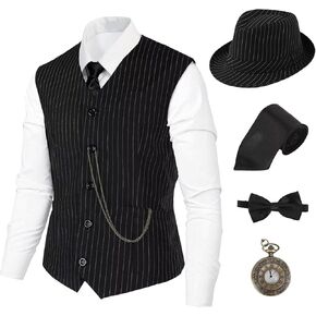 1920s رجل غاتسبي العصابات زي مجموعة من خمس قطع قبعة، سترة، ساعة جيب خمر، ربطة عنق، ربطة عنق in Kuwait